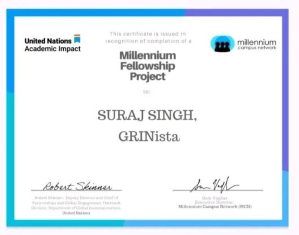 UN Millennium Fellowship Certificate GRINista